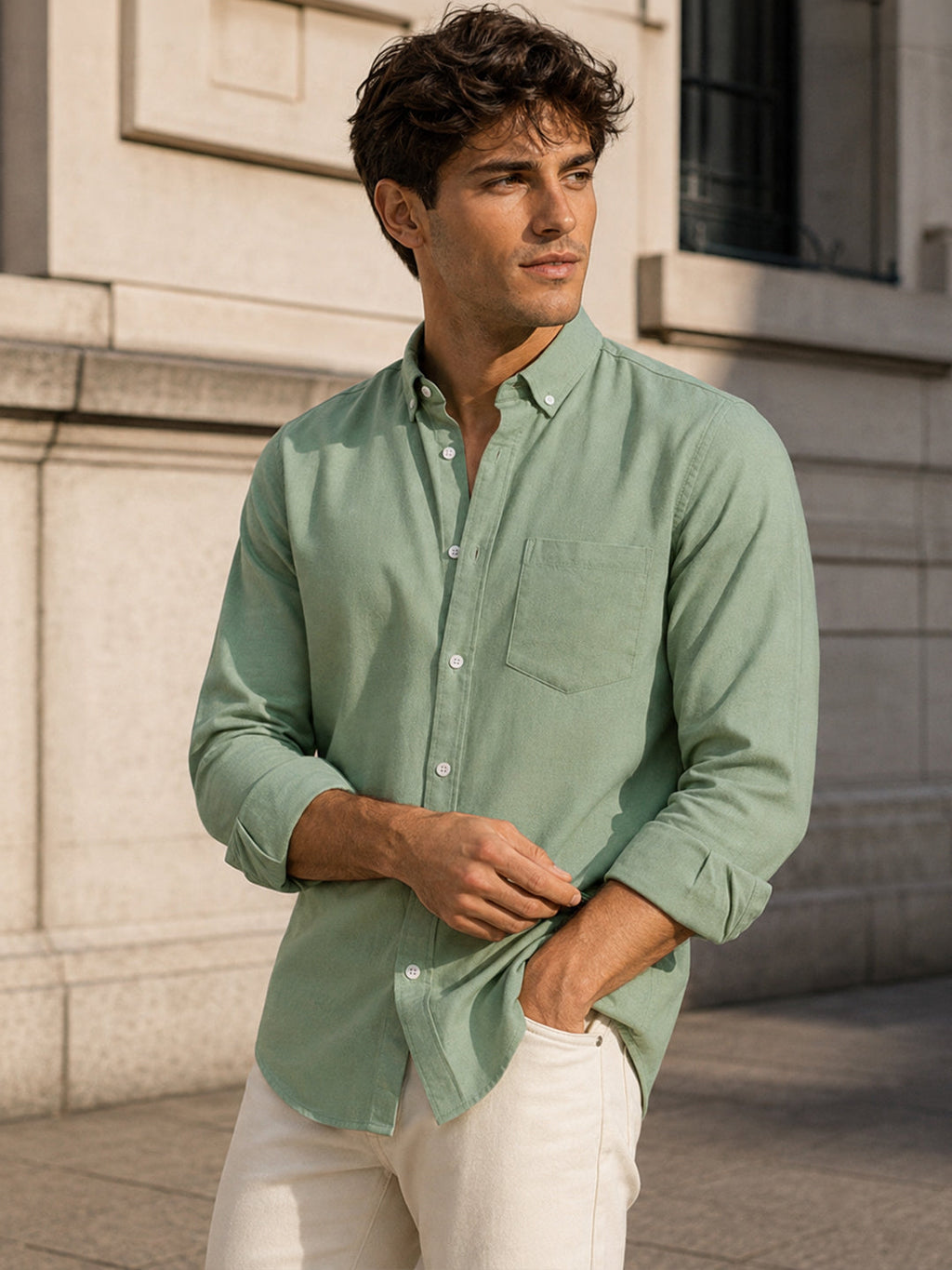 Casual Oxford Cotton Sea Green Shirt For Men
