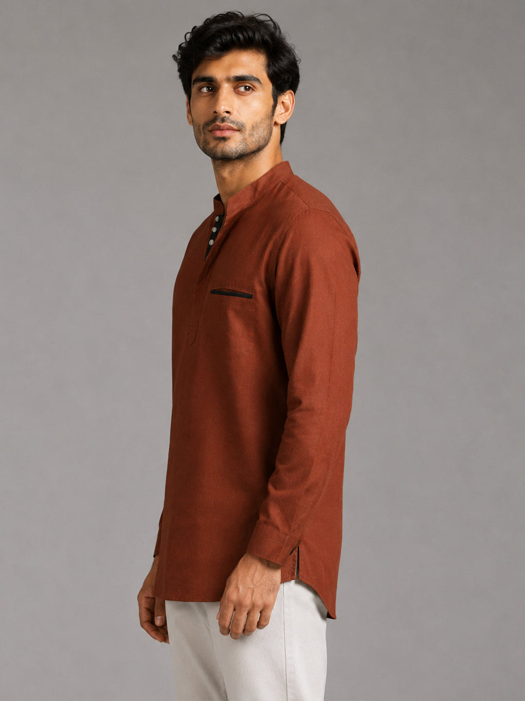 Urban Fit Orange Short Linen Kurta For Men