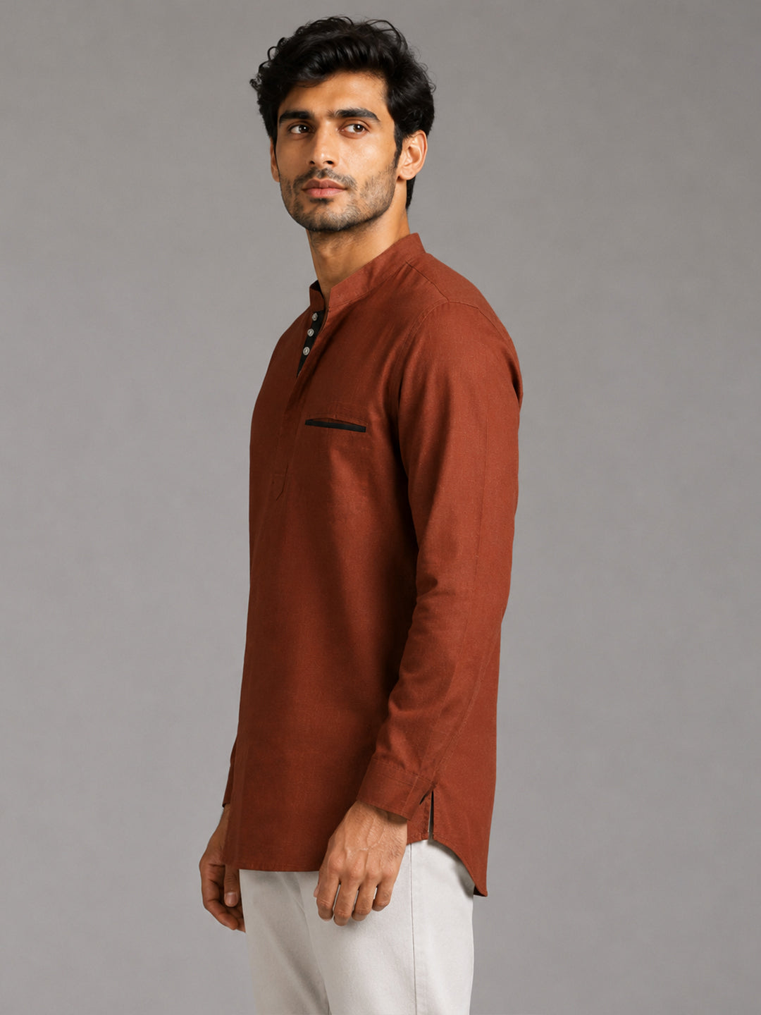 Urban Fit Orange Short Linen Kurta For Men