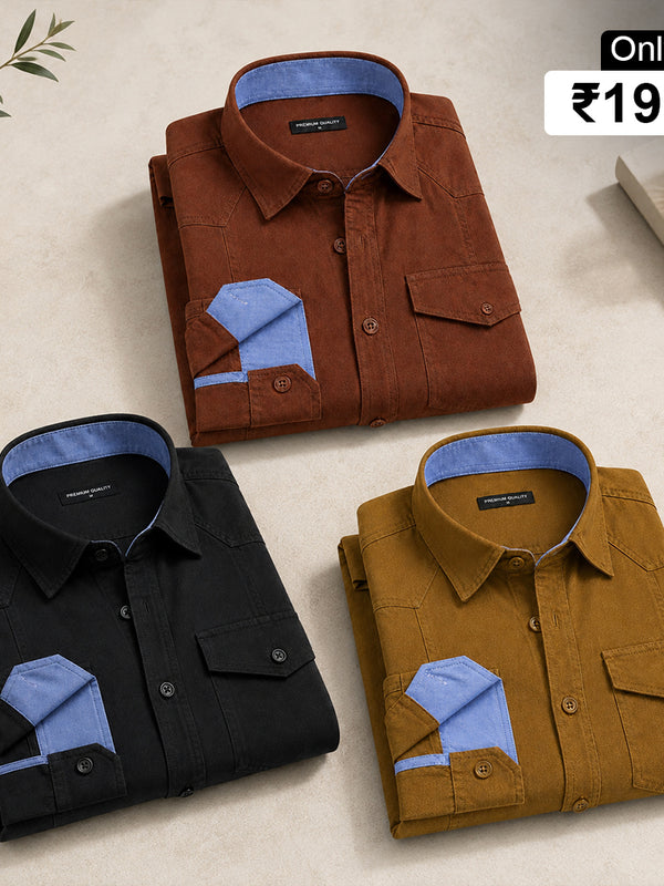Pack Of 3 Cargo Style Mehendi, Black & Brown Shirt