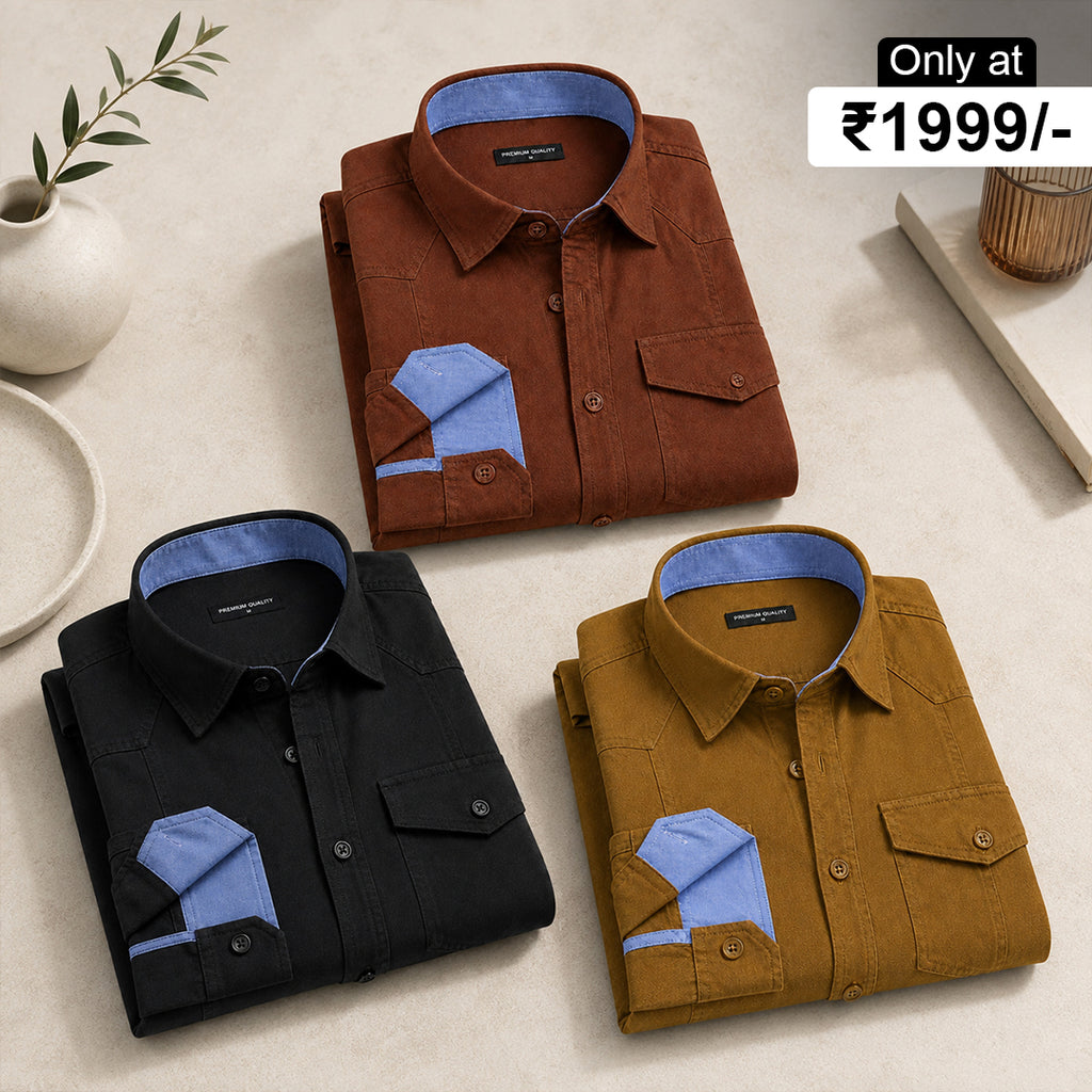 Pack Of 3 Cargo Style Mehendi, Black & Brown Shirt