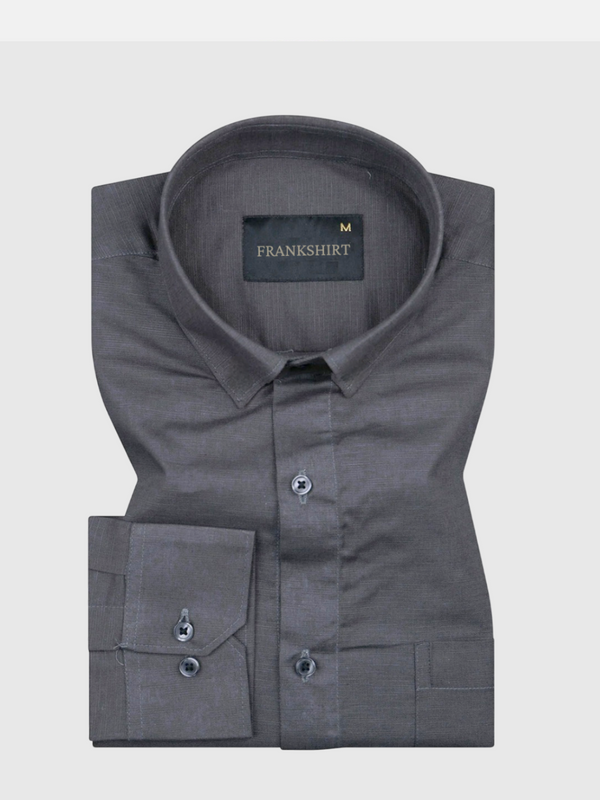 A dark grey, long-sleeved, button-down linen shirt by Frankshirt displayed against a white background.