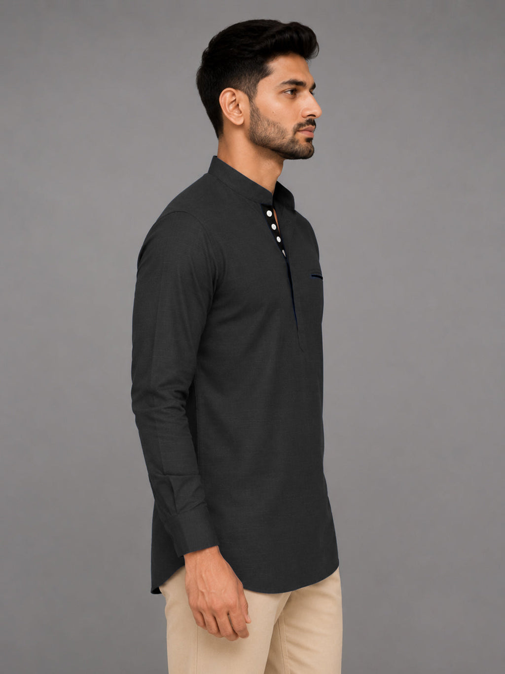 Urban Fit Dark Grey Short Linen Kurta For Men