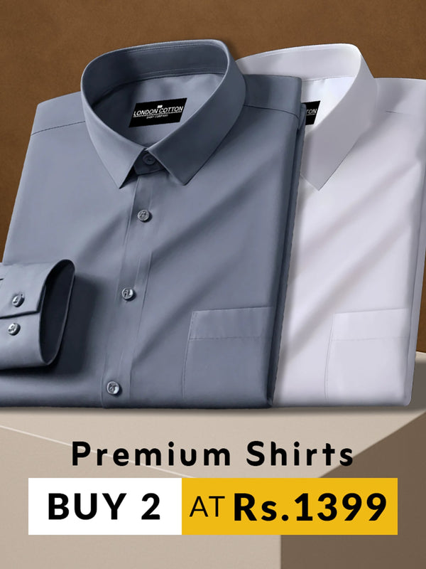 Two folded shirts, one gray and one white, on a brown background with promotional text.
