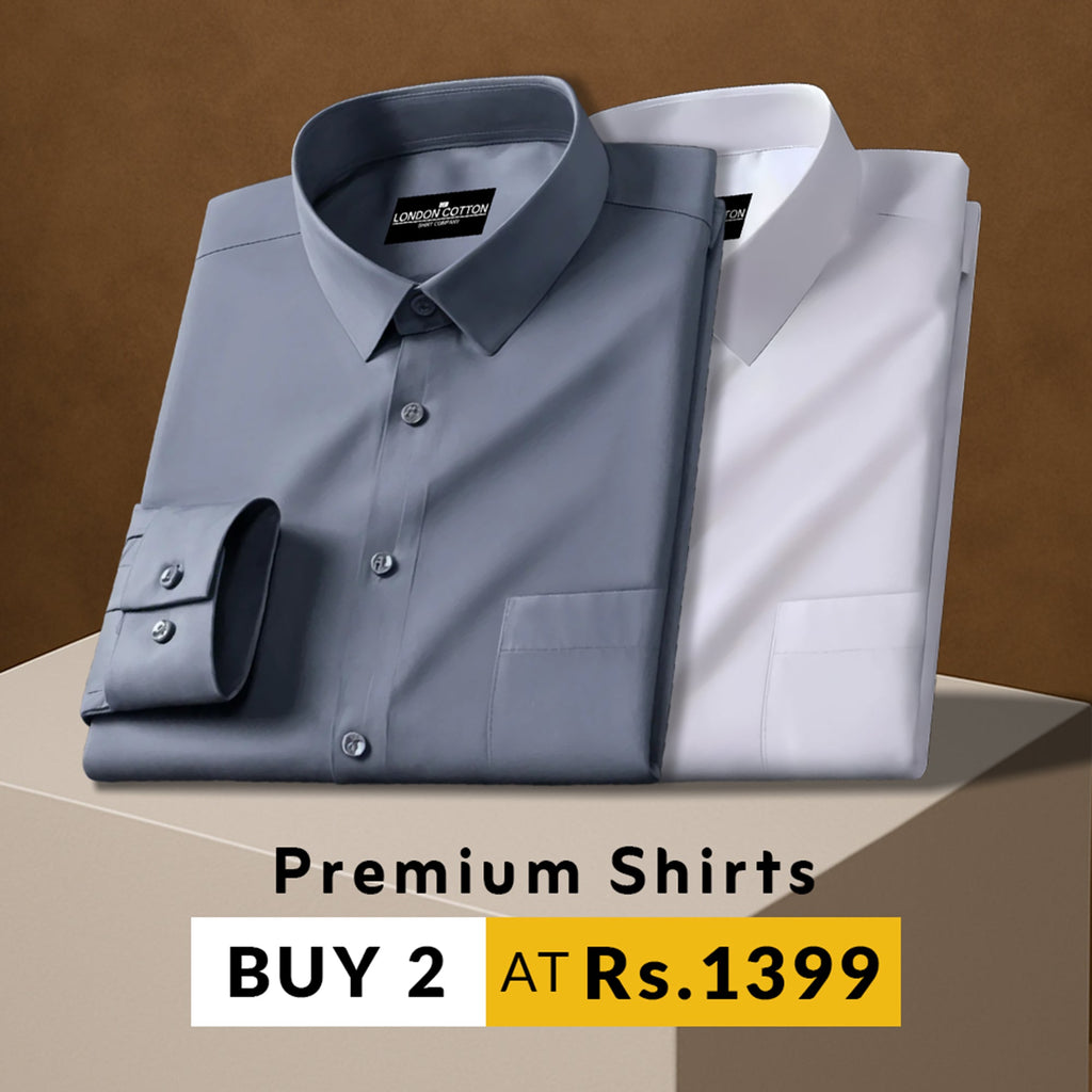 Two folded shirts, one gray and one white, on a brown background with promotional text.