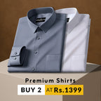 Two folded shirts, one gray and one white, on a brown background with promotional text.