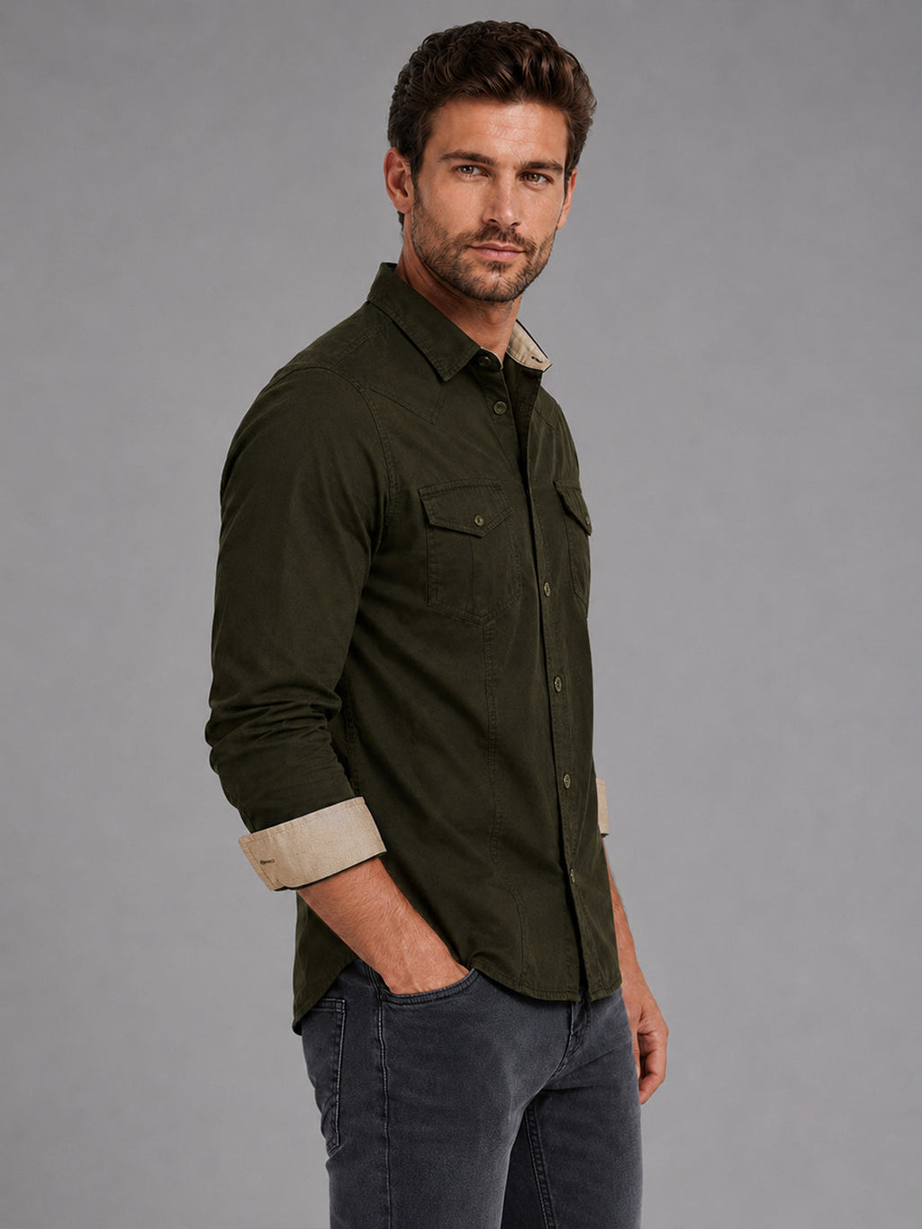 Pack Of 2 Cargo Style Khaki & Bottle Green Shirt