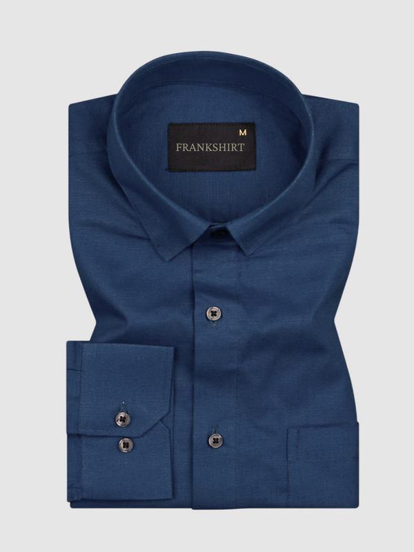 A navy blue, long-sleeved, button-down linen shirt by Frankshirt displayed on a white background.