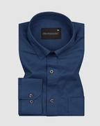 A navy blue, long-sleeved, button-down linen shirt by Frankshirt displayed on a white background.