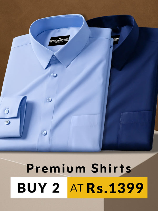 Two folded shirts, one blue and one dark blue, on a brown background with promotional text.