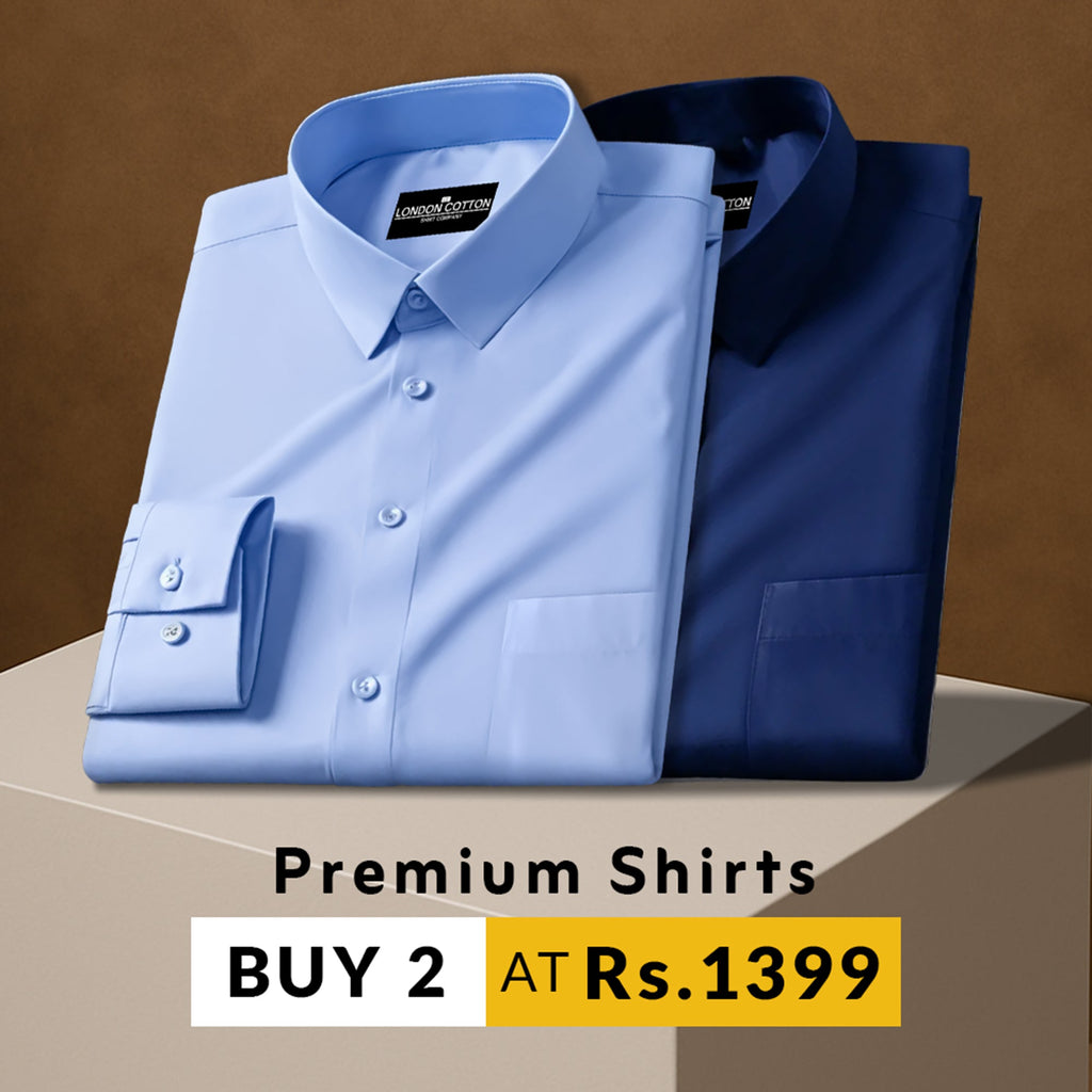 Two folded shirts, one blue and one dark blue, on a brown background with promotional text.