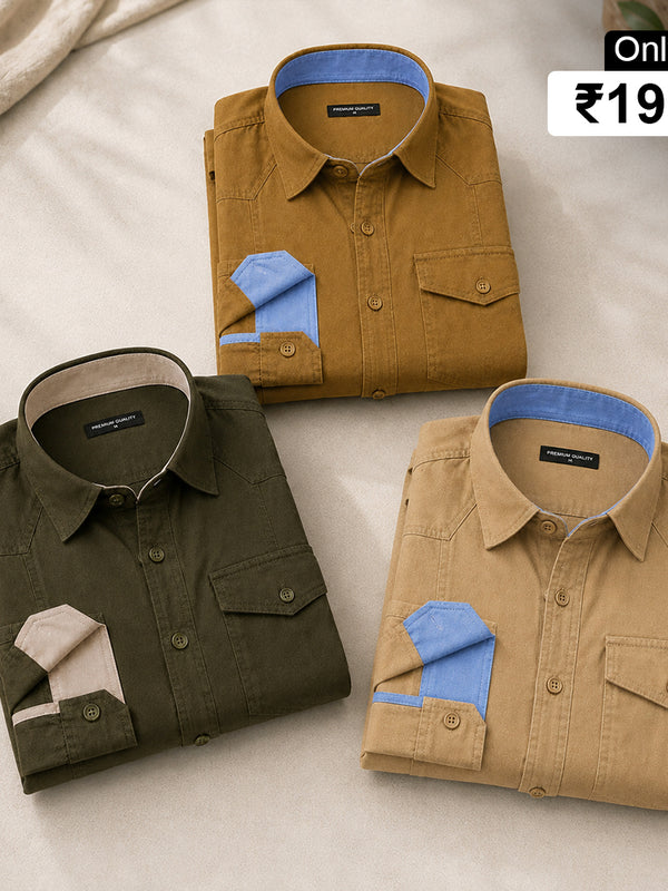 Pack Of 3 Cargo Style Beige, Mehendi & Bottle Green Shirt