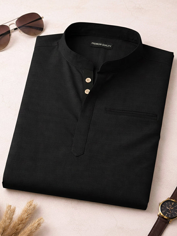Urban Fit Black Short Linen Kurta For Men
