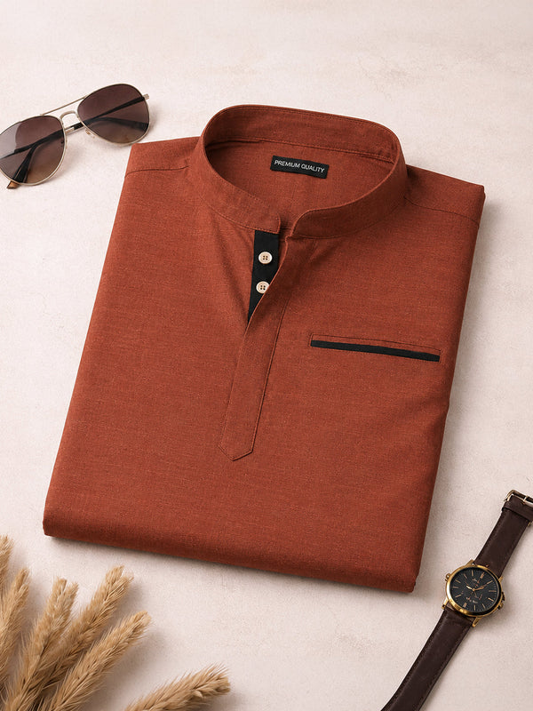 Urban Fit Orange Short Linen Kurta For Men