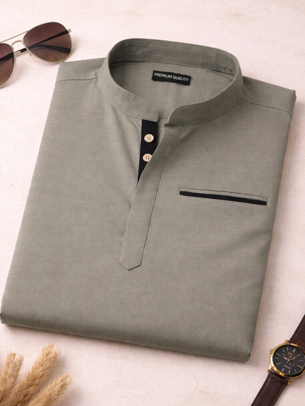 Urban Fit Olive Short Linen Kurta For Men