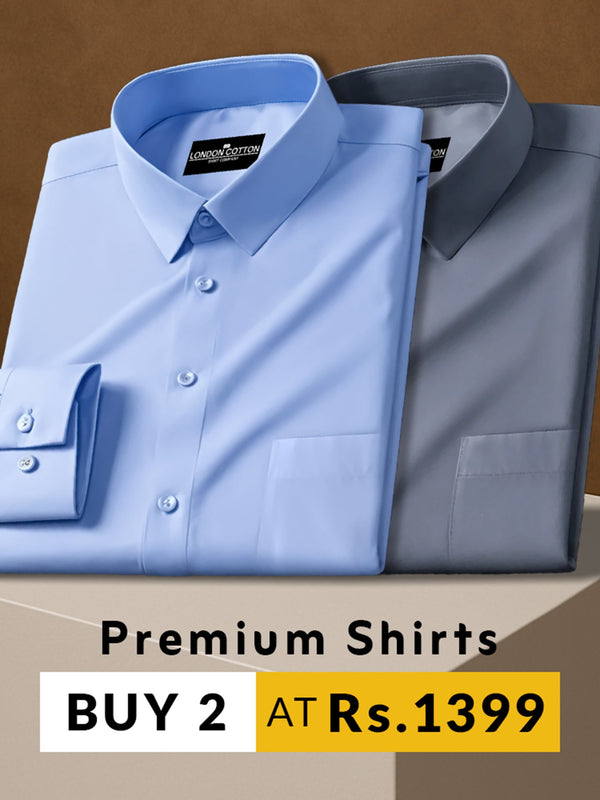 Two folded shirts, one blue and one gray, on a brown background with promotional text.