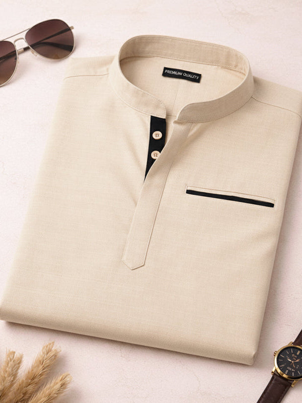 Urban Fit Cream Short Linen Kurta For Men