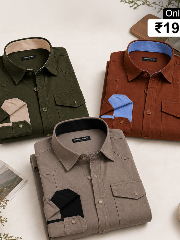 Pack Of 3 Cargo Style Khaki, Bottle Green & Brown Shirt