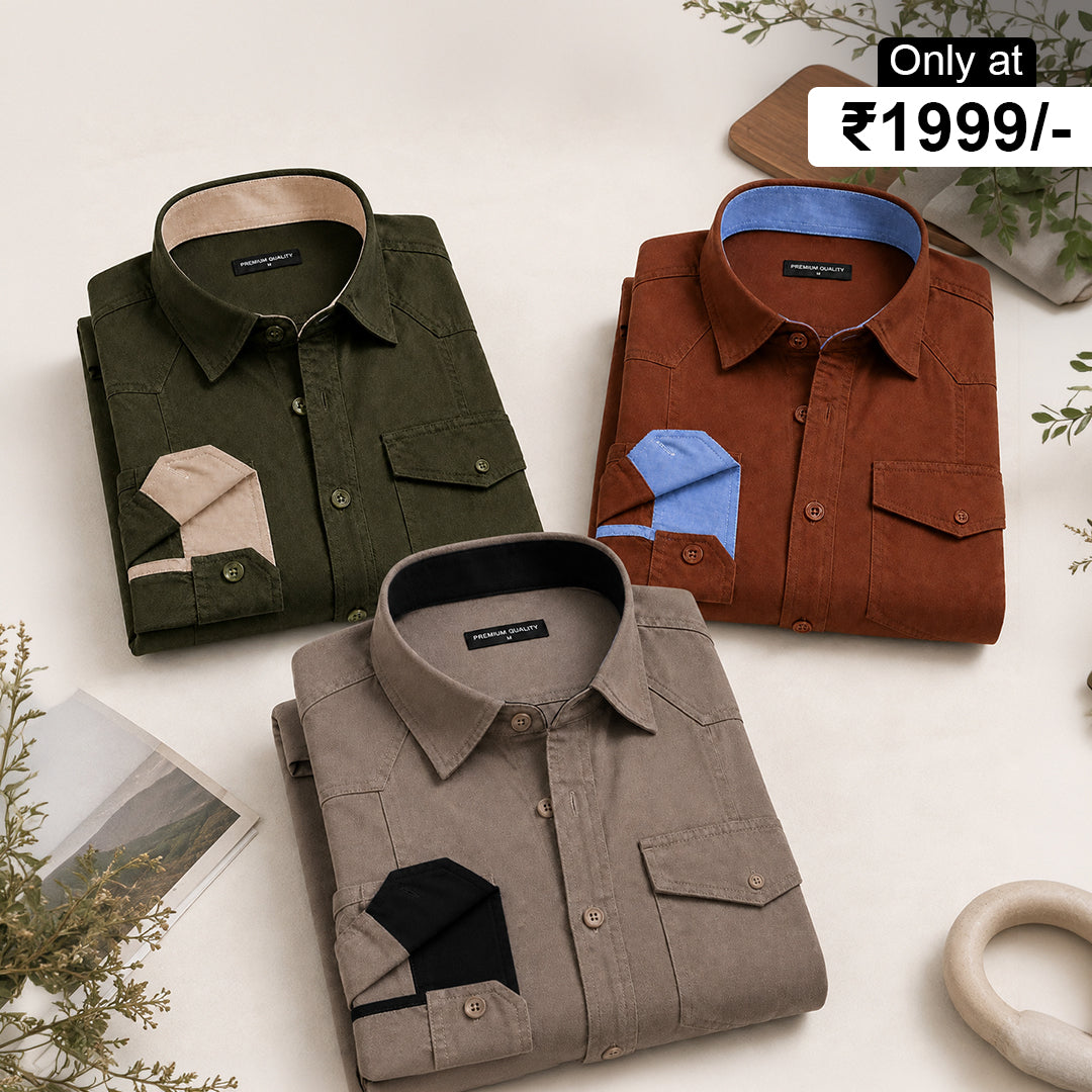 Pack Of 3 Cargo Style Khaki, Bottle Green & Brown Shirt