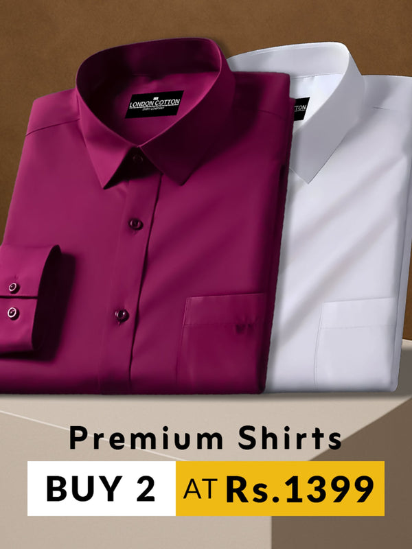 Two folded shirts, one purple and one white, on a brown background with promotional text.