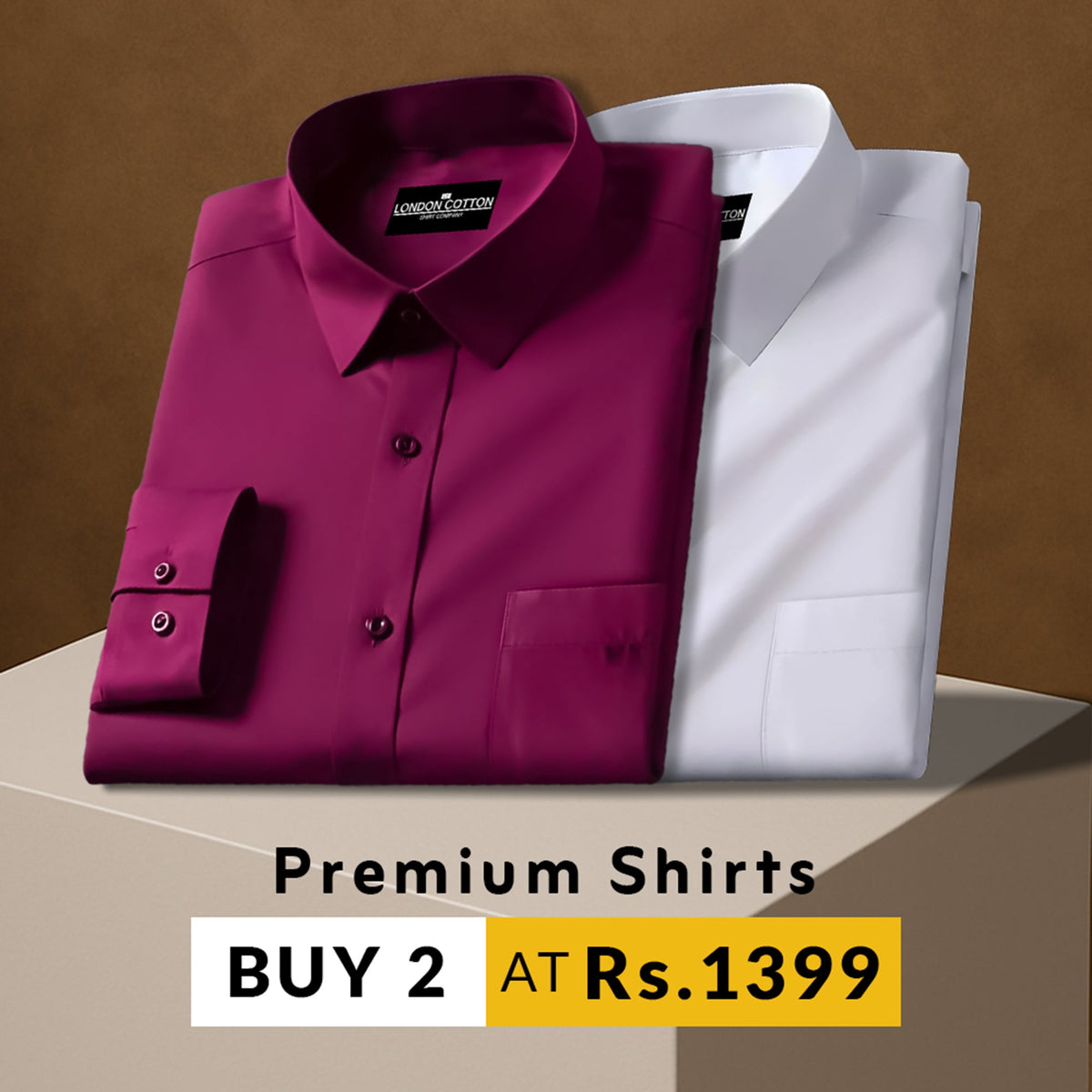 Two folded shirts, one purple and one white, on a brown background with promotional text.