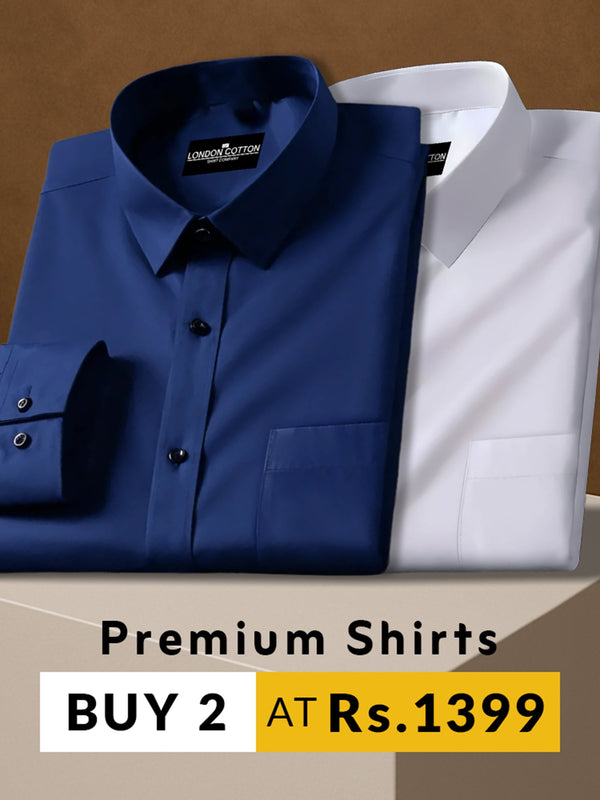 Folded blue and white shirts on a brown background with promotional text.