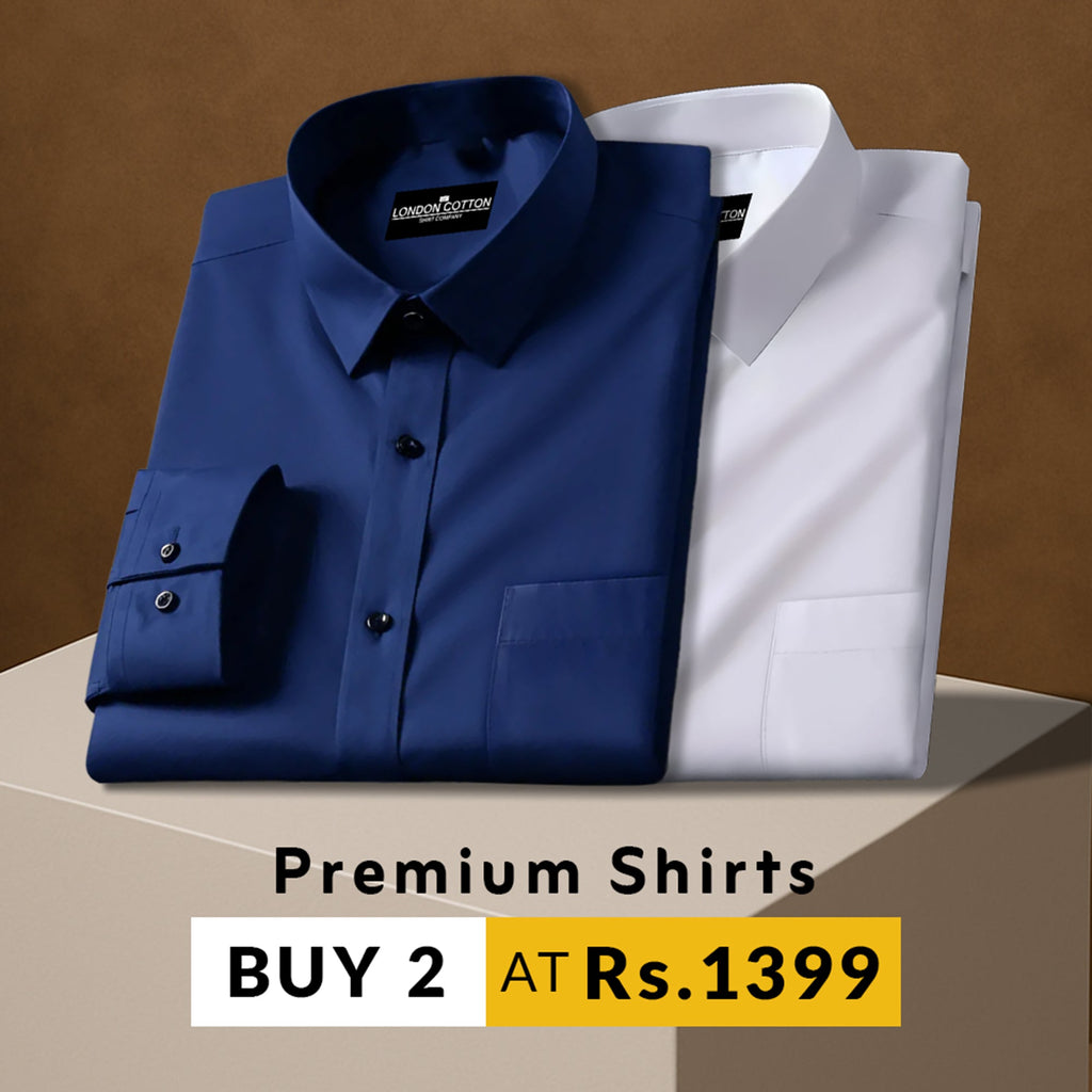 Folded blue and white shirts on a brown background with promotional text.