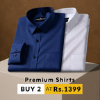 Folded blue and white shirts on a brown background with promotional text.