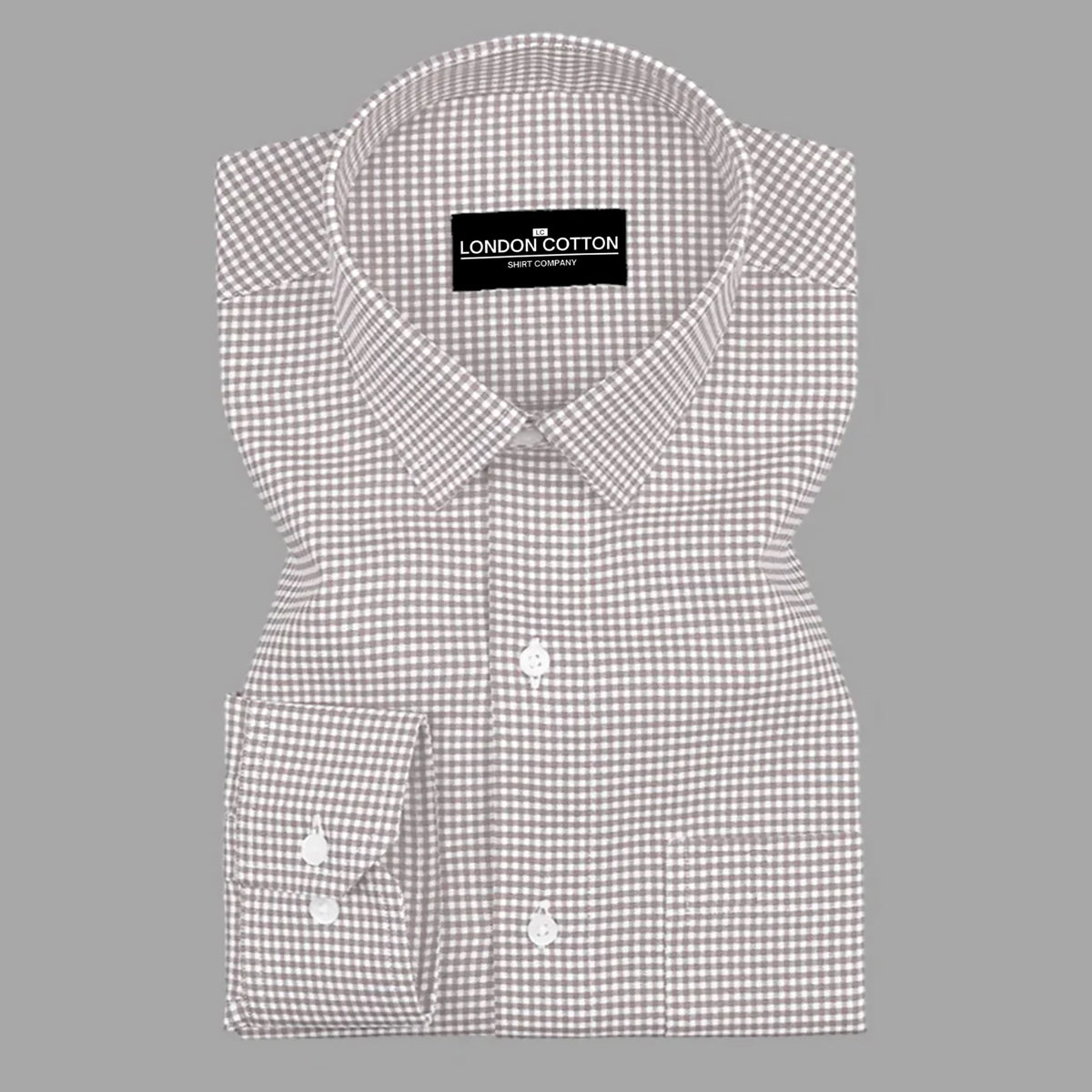 Black and white checkered shirt with 'London Cotton' label on a gray background