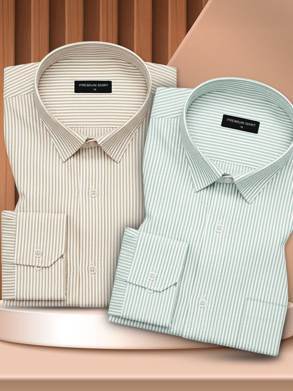 Beige & Light Green Stripe Oxford Pack of 2 Shirts For Men