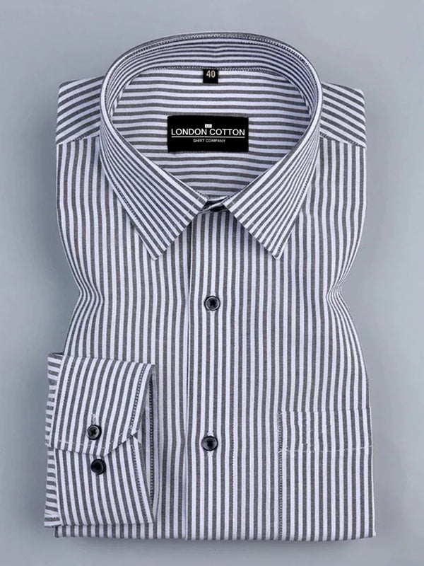 Folded black and white striped shirt with 'London Cotton' label on a gray background