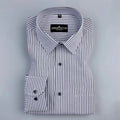 Folded black and white striped shirt with 'London Cotton' label on a gray background