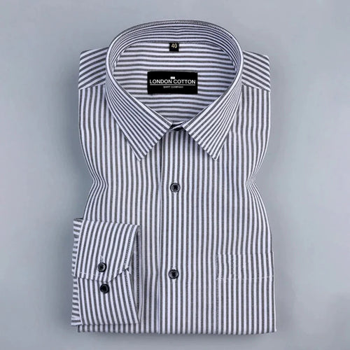 Folded black and white striped shirt with 'London Cotton' label on a gray background