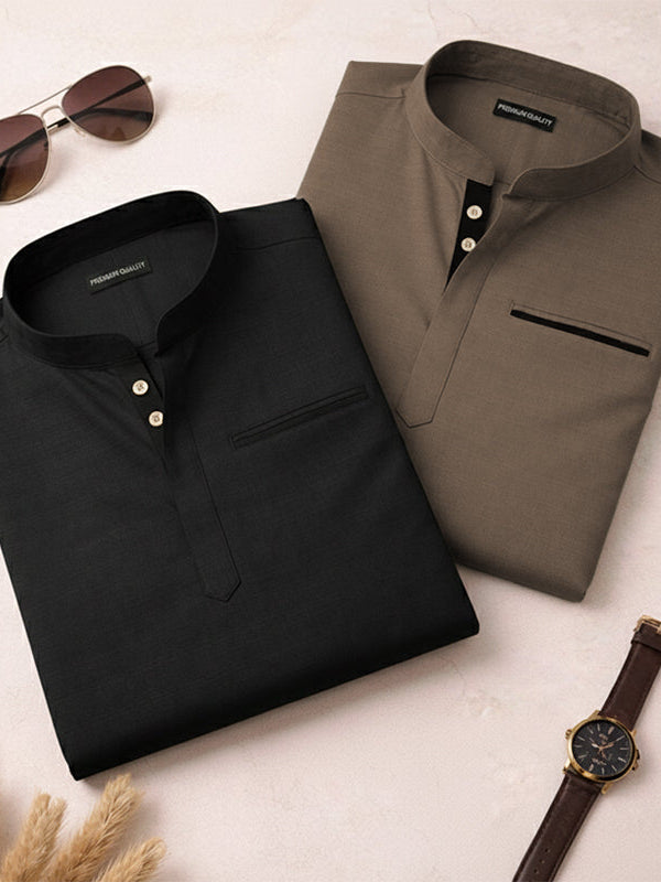 Pack Of 2 Urban Fit Black & Mehendi Short Linen Kurta For Men