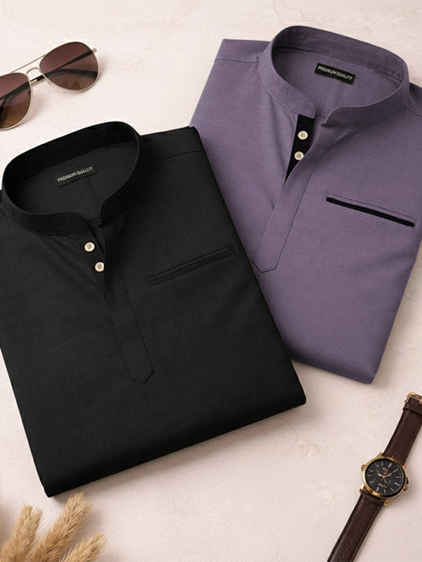 Pack Of 2 Urban Fit Black & Purple Short Linen Kurta For Men