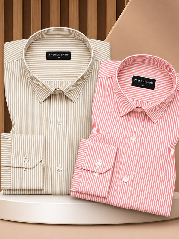 Bold Beige & Bold Red Oxford Pack of 2 Stripe Shirts For Men