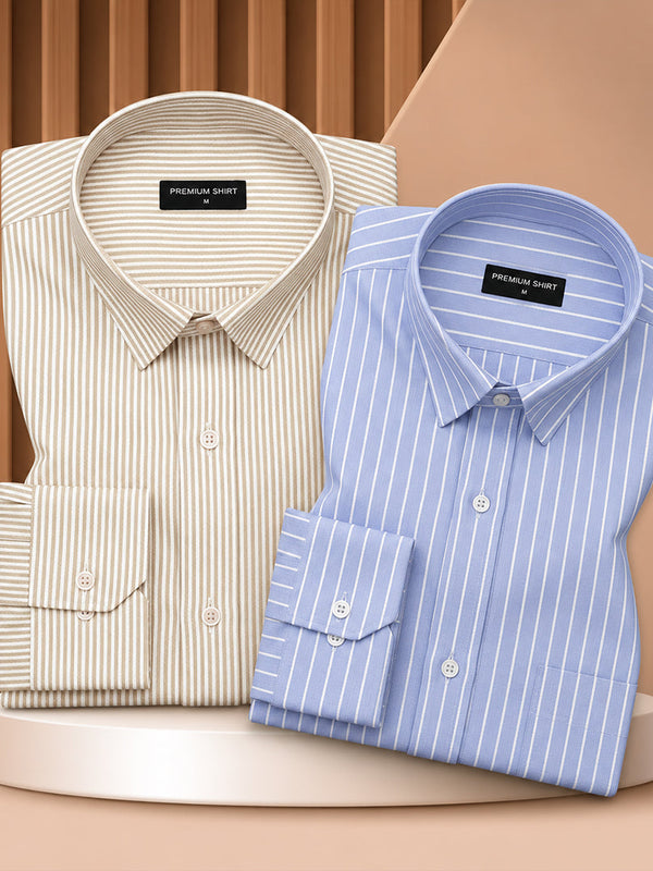 Bold Beige & Cambridge Blue Oxford Pack of 2 Stripe Shirts For Men