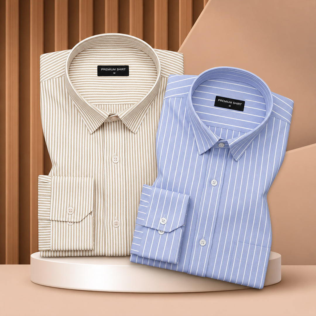Bold Beige & Cambridge Blue Oxford Pack of 2 Stripe Shirts For Men