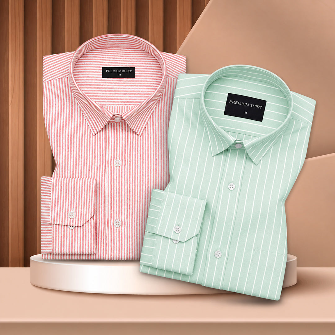 Bold Red & Mint Green Oxford Pack of 2 Stripe Shirts For Men