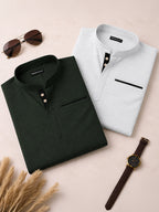 Pack Of 2 Urban Fit Bottle Green & White Short Linen Kurta For Men