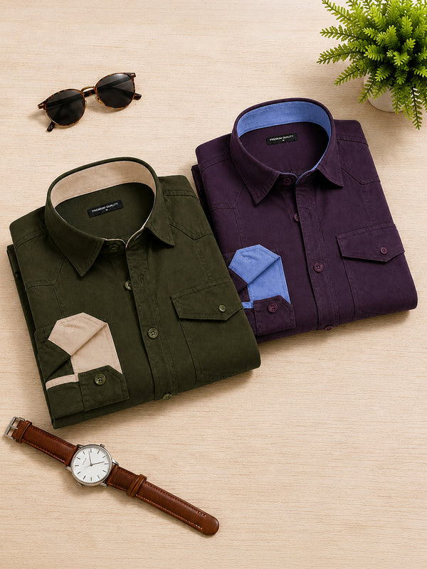 Pack Of 2 Cargo Style Bottle Green & Wine Shirt