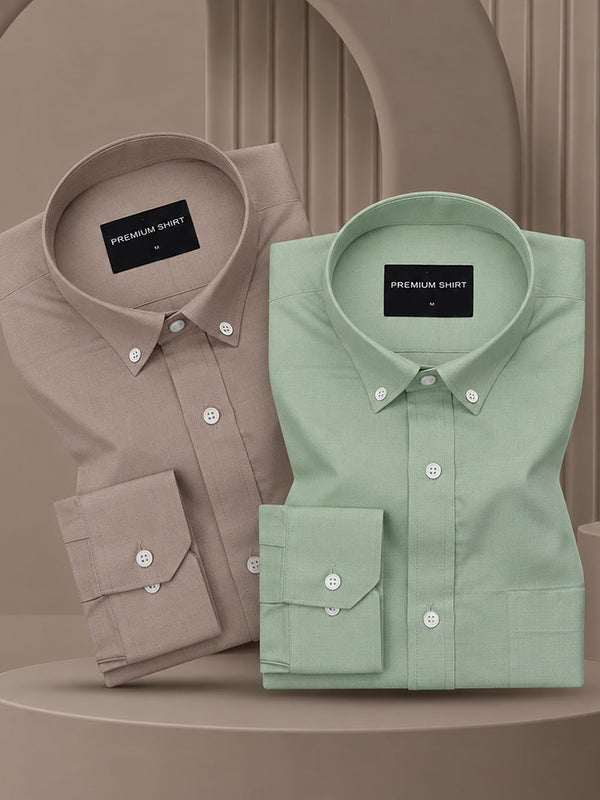 Pack of 2 Oxford Cotton Shirt For Men (Brown & Sea Green)