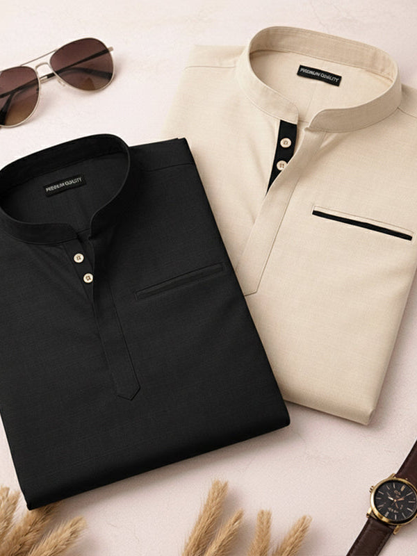 Pack Of 2 Urban Fit Cream & Black Short Linen Kurta For Men