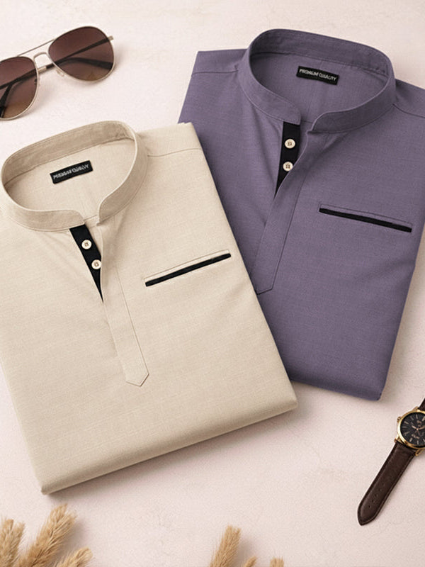 Pack Of 2 Urban Fit Cream & Purple Short Linen Kurta For Men