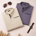 Pack Of 2 Urban Fit Cream & Purple Short Linen Kurta For Men