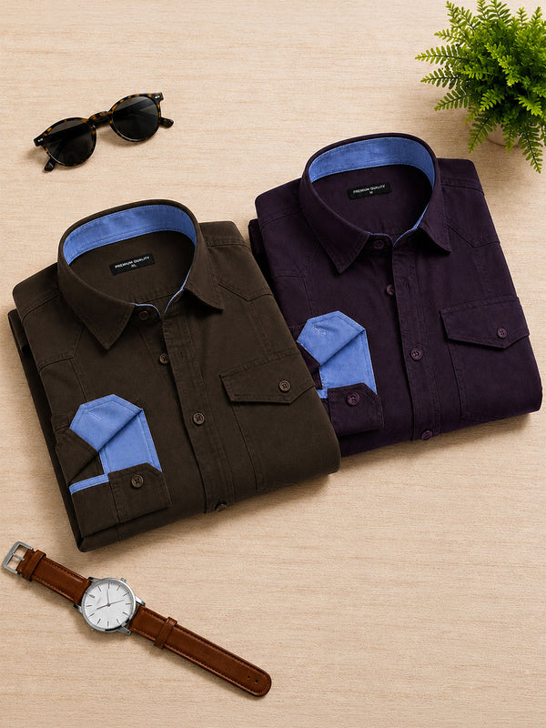 Pack Of 2 Cargo Style Wine & Dark Brown Shirt