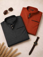 Pack Of 2 Urban Fit Dark Grey & Orange Short Linen Kurta For Men