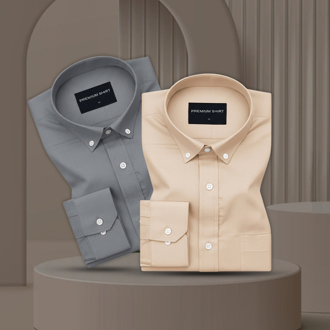Pack of 2 Oxford Cotton Shirt For Men (Dark grey & Cream)