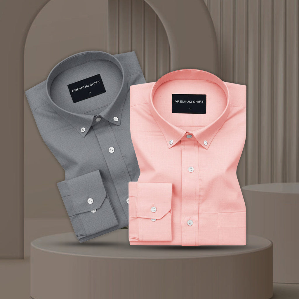 Pack of 2 Oxford Cotton Shirt For Men (Dark grey & Peach)