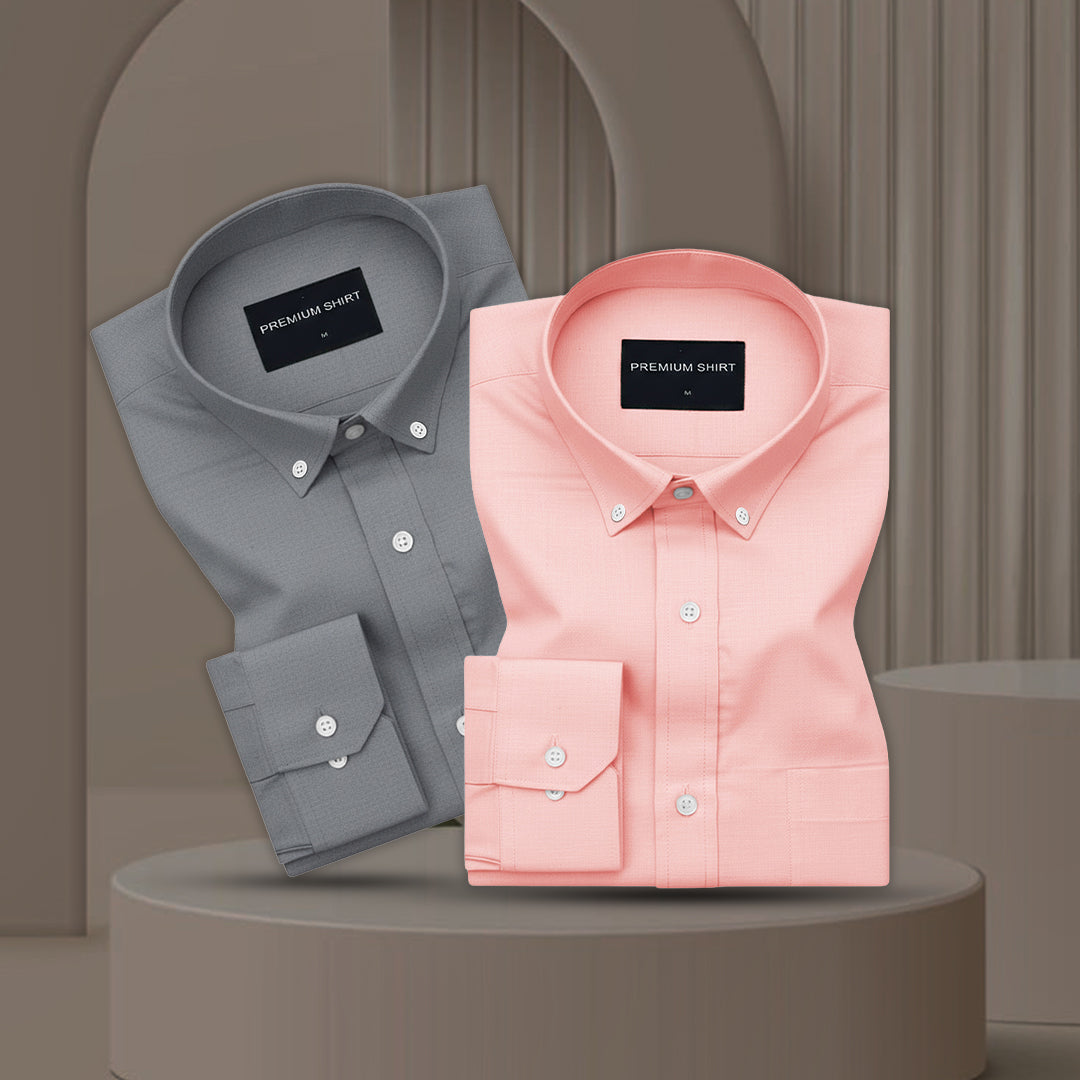 Pack of 2 Oxford Cotton Shirt For Men (Dark grey & Peach)